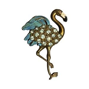 Vintage Gold Flamingo Brooch with Blue and Crystal Accents
